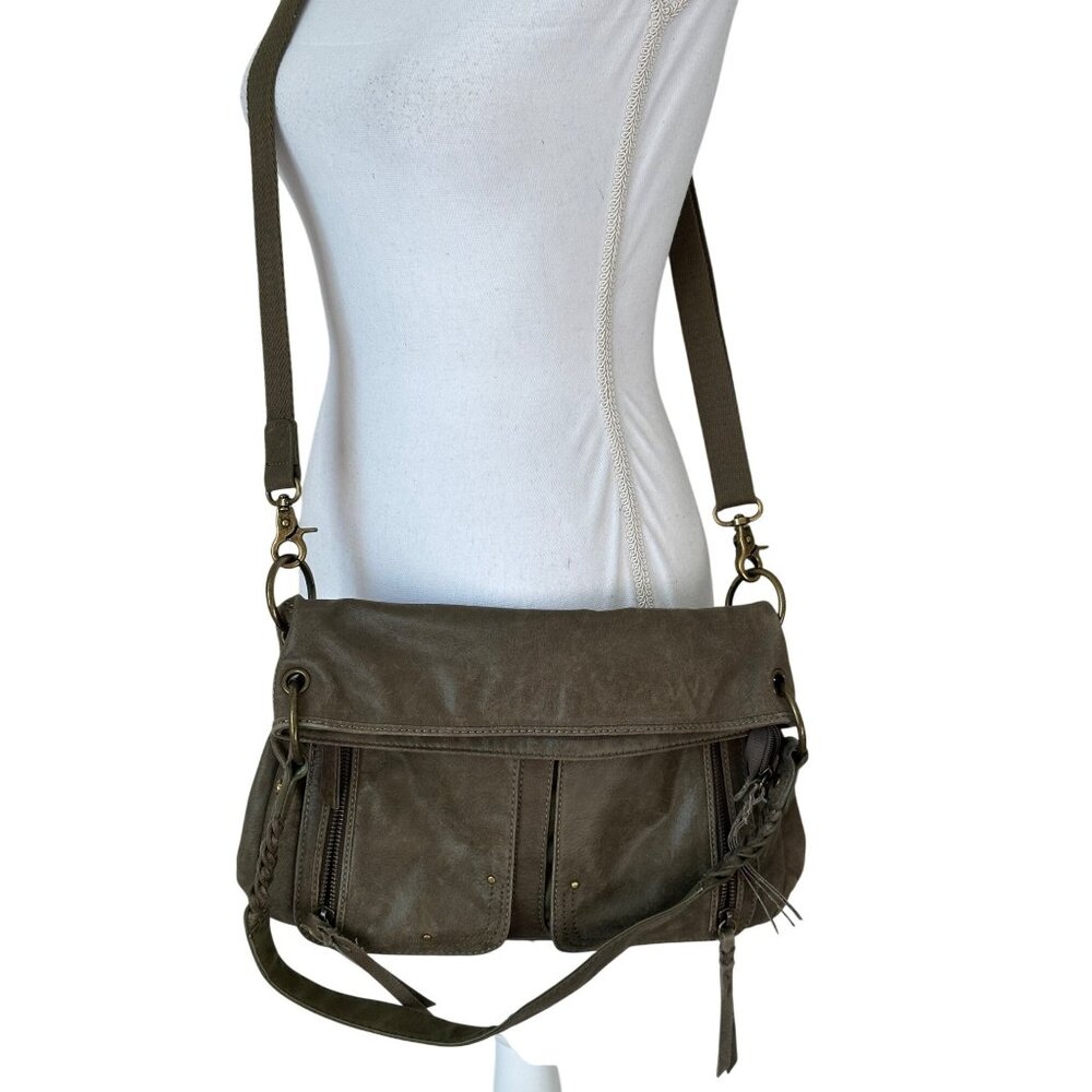 The Sak Olive Green Leather Crossbody Bag With Adjustable Strap & Multiple Zippe